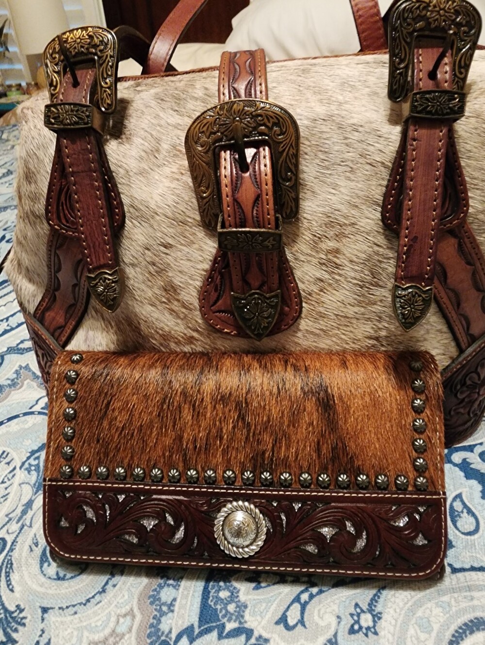 American Darling Brown Haircalf Tote with Tooled Leather Trim - Picture 11 of 16